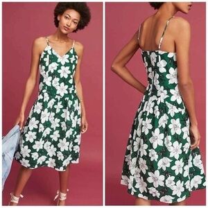 J.O.A. Anthropologie Green Lawn Party Midi Dress Linen/Cotton Blend M